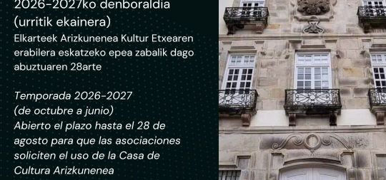 Imagen Abierto el plazo de presentación de solicitudes de uso para asociaciones y entidades de salas en la Casa de Cultura Arizkunenea